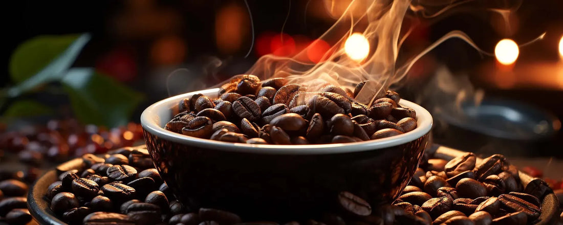 Roasted coffee beans in a dark cup with steam above the beans
