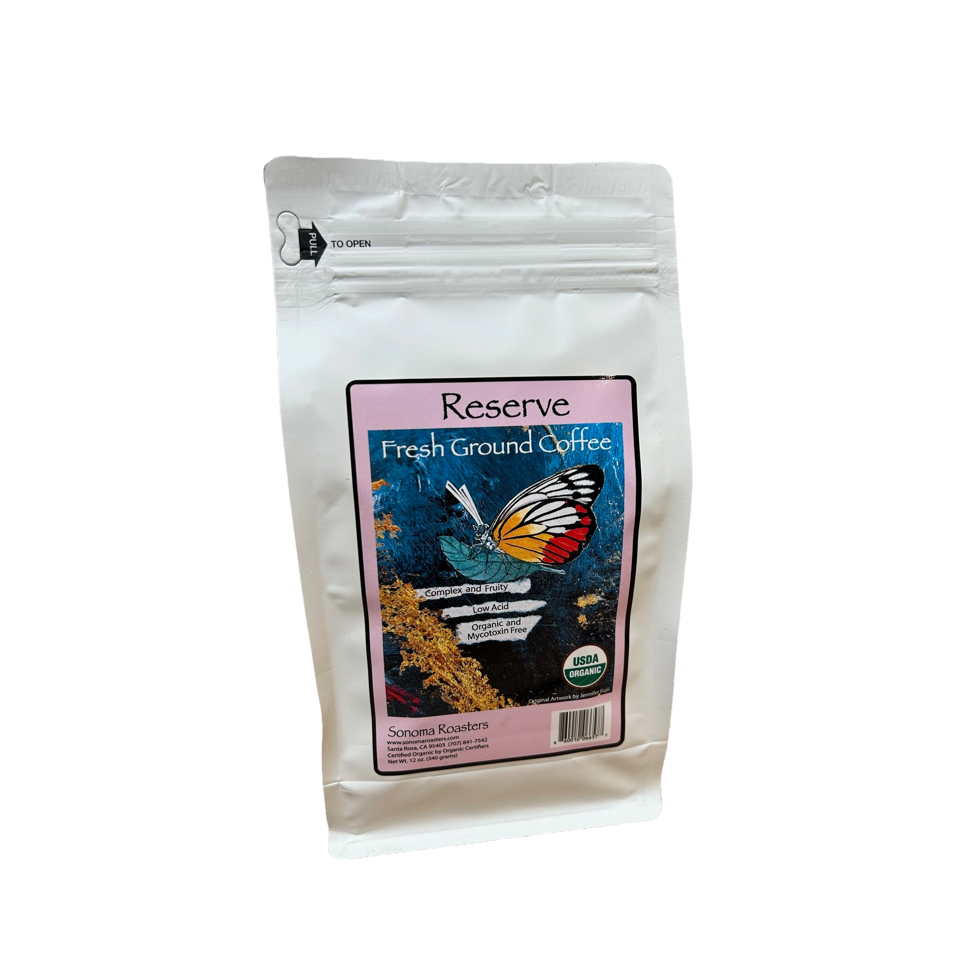 Sonoma Reserve medium roast private-label coffee bag, back view