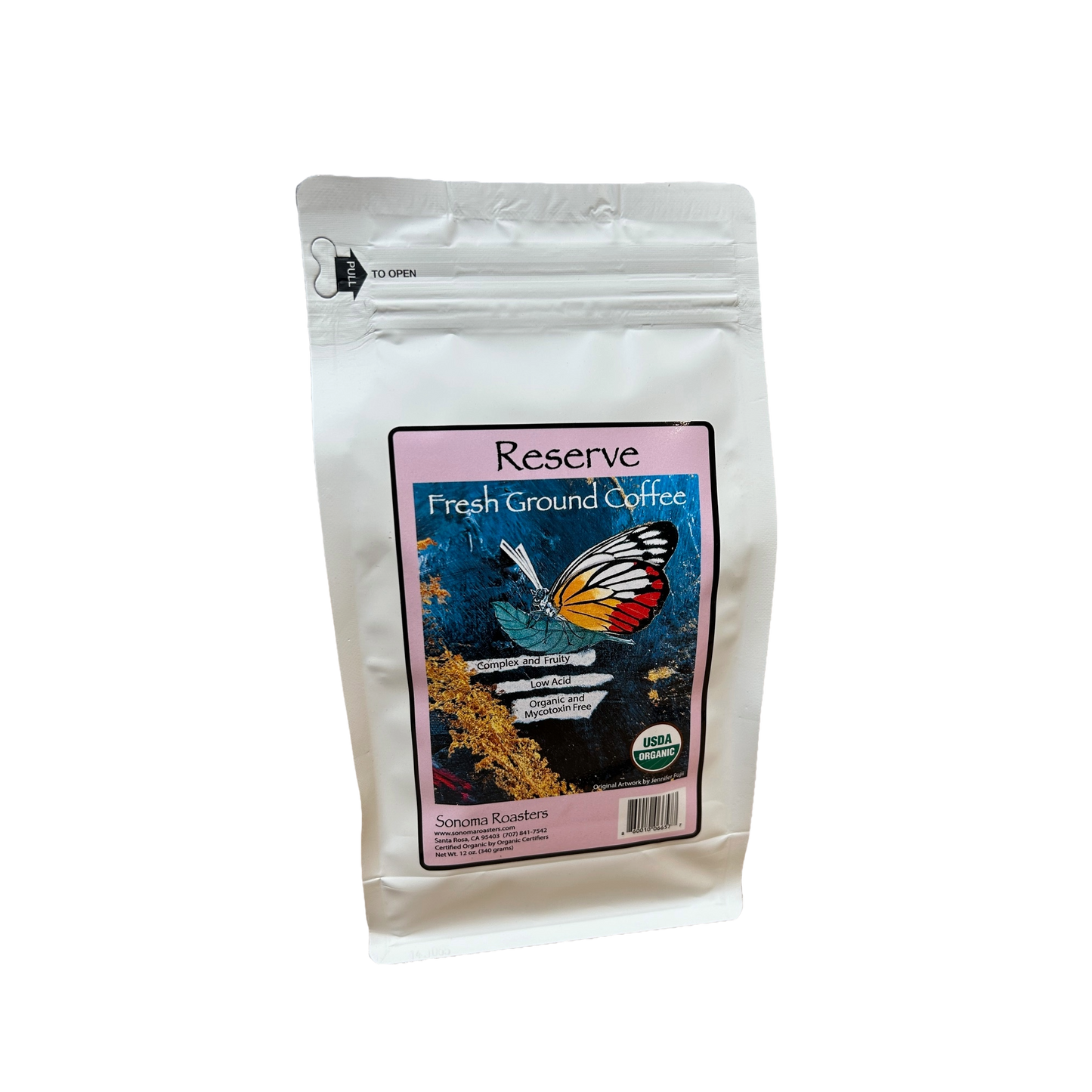Sonoma Reserve medium roast private-label coffee bag, back view