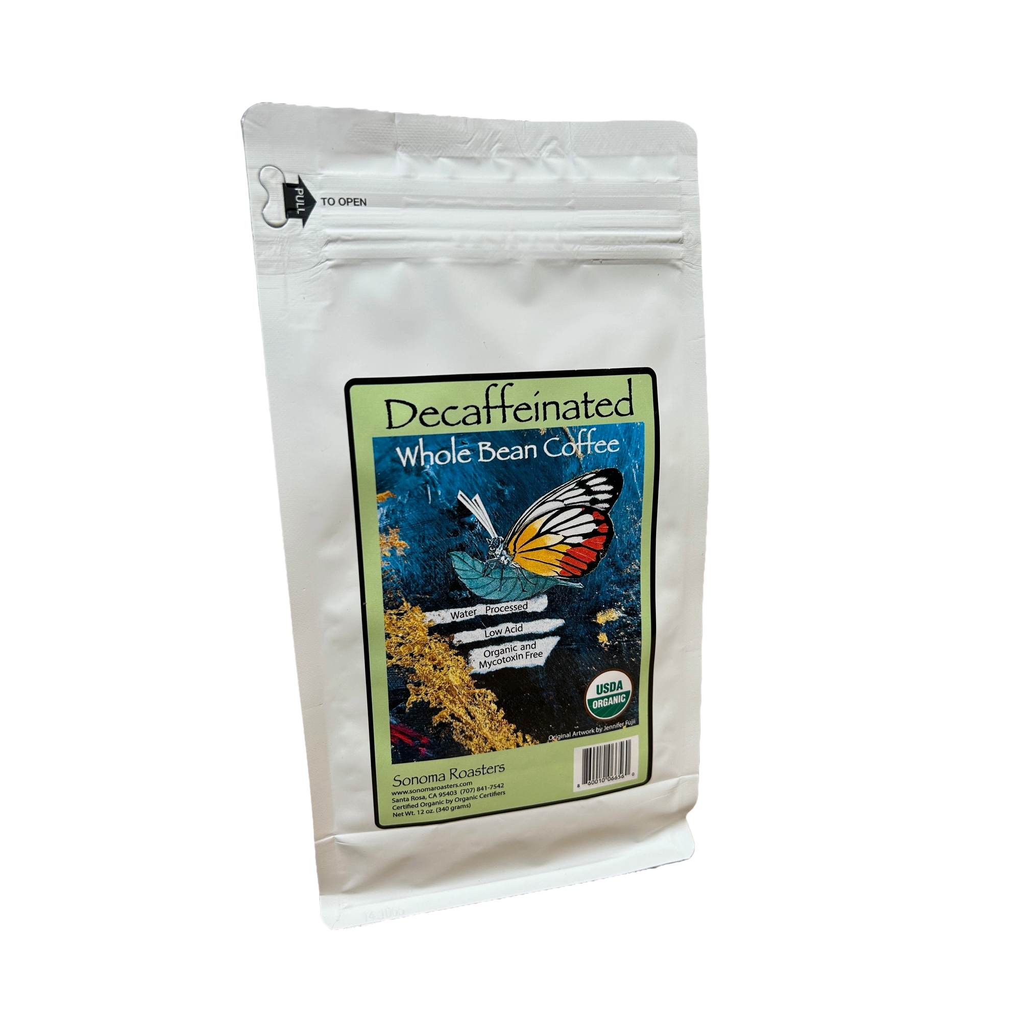Sonoma Decaf Mountain Water Process private-label coffee bag, front view