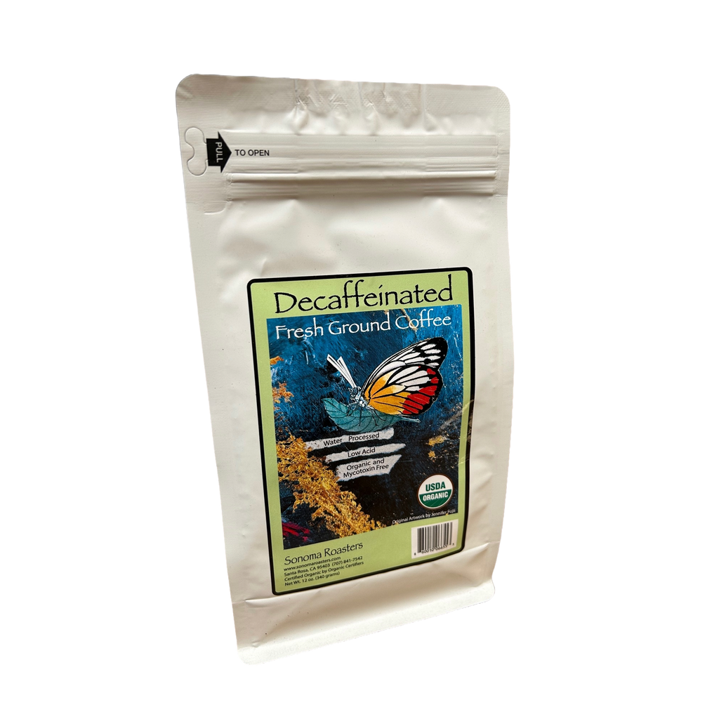 Sonoma Decaf Mountain Water Process private-label coffee bag, back view