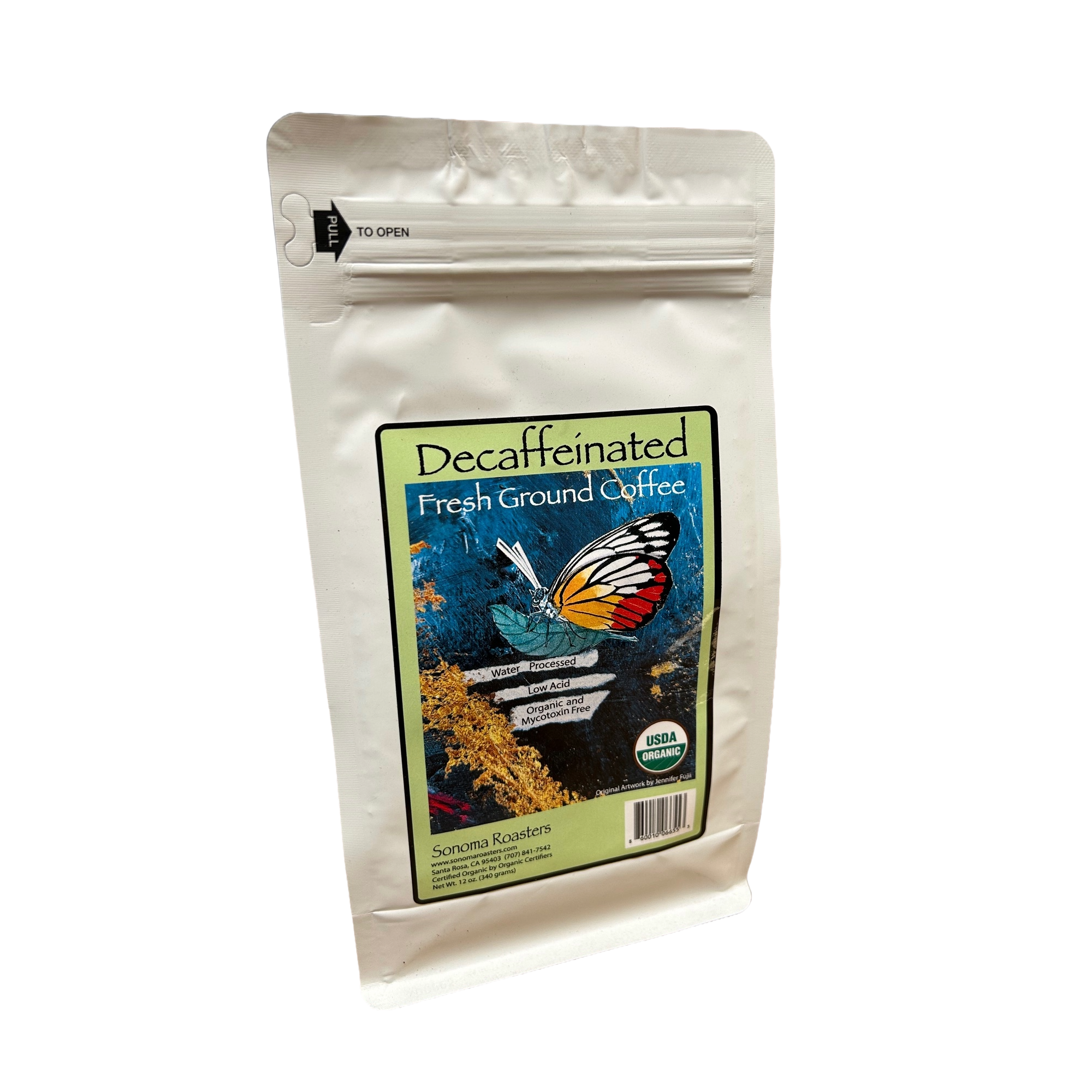 Sonoma Decaf Mountain Water Process private-label coffee bag, back view